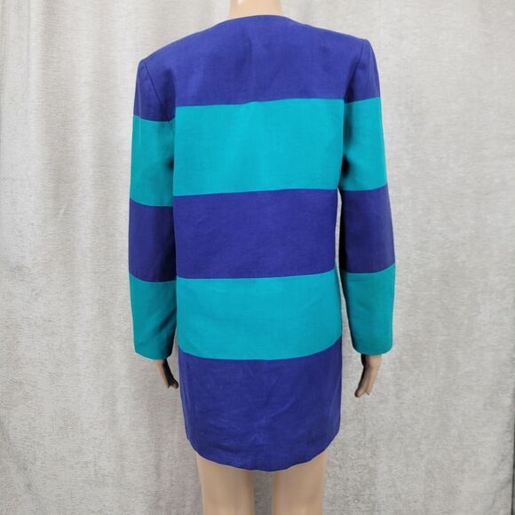 Linda Lewis Vintage Linen Blue and Teal Women's Longline Blazer Jacket - Picture 7 of 10